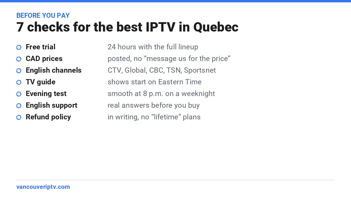 7 checks to find the best IPTV Quebec provider: free trial, CAD prices, English channels, Eastern Time guide, evening test, English support and a written refund policy