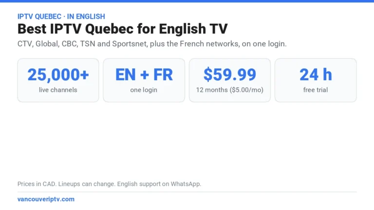 Best IPTV Quebec for English TV: 25,000+ live channels in English and French on one login, $59.99 CAD for 12 months and a free 24-hour trial