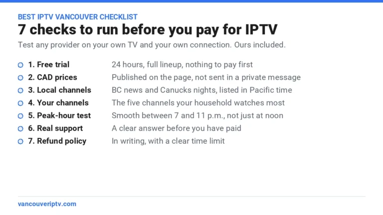 Best IPTV Vancouver checklist: free trial, prices in CAD, local BC channels, your own channels, a peak-hour test, real support and a written refund policy
