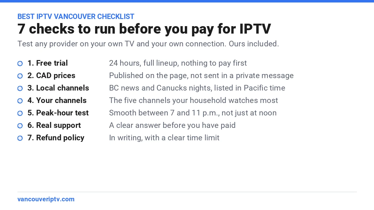 Best IPTV Vancouver checklist: free trial, prices in CAD, local BC channels, your own channels, a peak-hour test, real support and a written refund policy