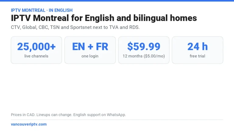 IPTV Montreal for English and bilingual homes: CTV, Global, CBC, TSN and Sportsnet next to TVA and RDS on one login, $59.99 CAD for 12 months and a free 24-hour trial