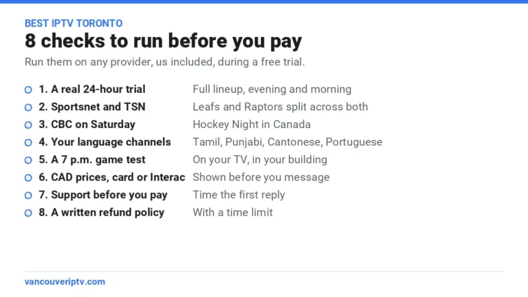 Best IPTV Toronto checklist: 8 checks including a 24-hour trial, Sportsnet and TSN, CBC on Saturday, language channels and a refund policy