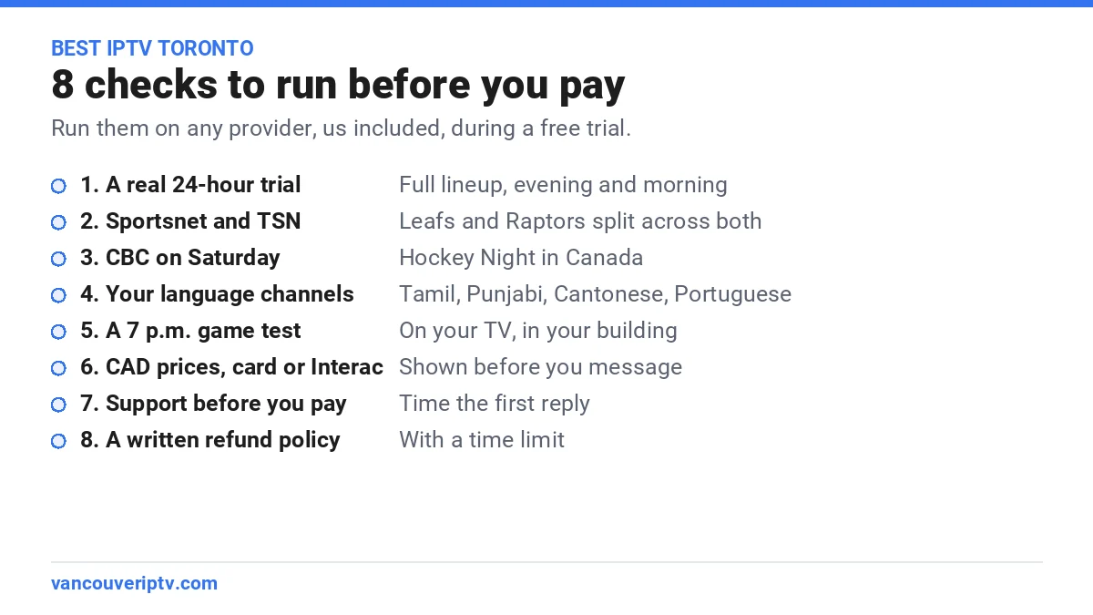 Best IPTV Toronto checklist: 8 checks including a 24-hour trial, Sportsnet and TSN, CBC on Saturday, language channels and a refund policy