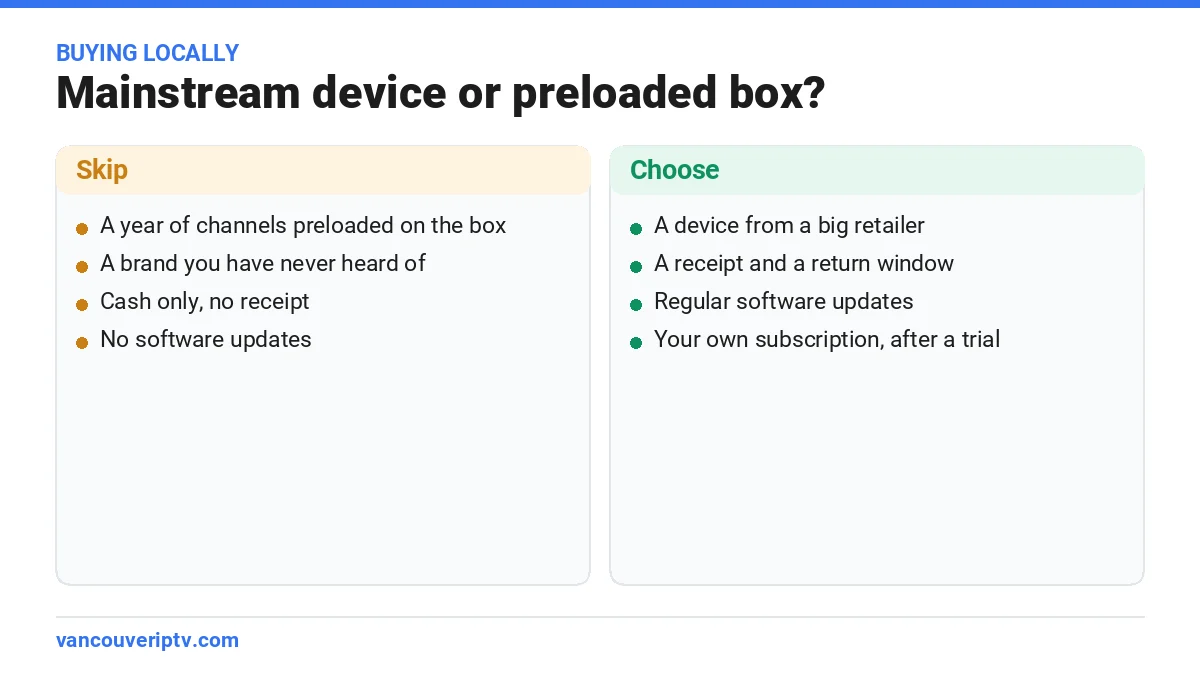 IPTV box Toronto buying tips: preloaded no-name boxes to skip compared with mainstream devices to choose